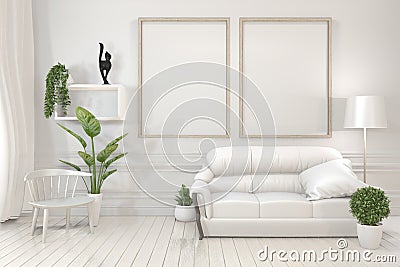 Interior poster mock up wooden frames, sofa, plant and lamp in living room with white wall minimal design. 3D rendering Stock Photo