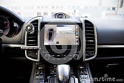 Interior of premium suv, work of front side, side, and rear view camera in 360 degrees system. Help assist options inside luxury Stock Photo