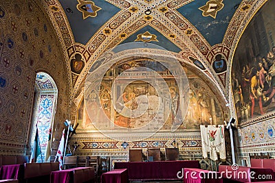 Interior of Priori Pallace, magnificent architecture of city council hall in Volterra, Tuscany Stock Photo