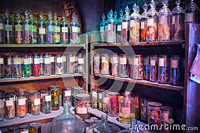 Interior of professor Snape magic jags collection. Decoration Warner Brothers Studio for Harry Potter filmStudio Editorial Stock Photo