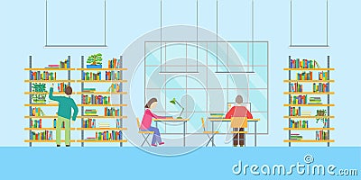 Interior Public Library with Furniture and People. Vector Vector Illustration