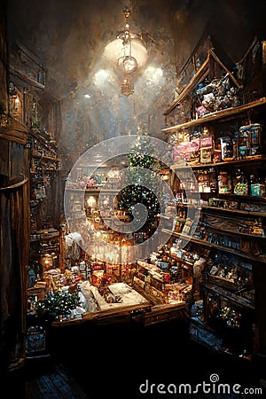 Interior of quaint christmas toyshop with old wood shelves with toys and christmas tree. Vintage style. Ai digital art Cartoon Illustration