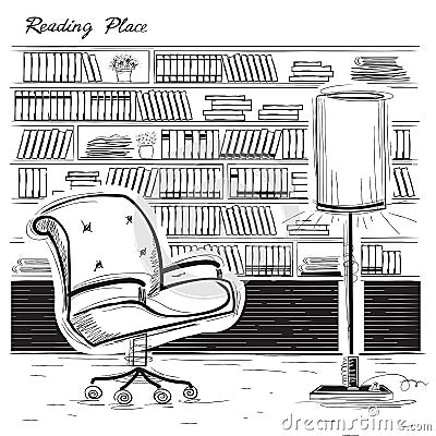 Interior reading room.Vector black sketchy illustration on white Vector Illustration