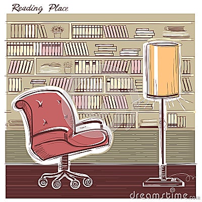 Interior reading room.Vector color hand draw sketchy illustration Vector Illustration