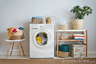 Laundry room with a washing machine Stock Photo