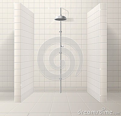 Interior of a realistic shower stall made of ceramic tiles. Vector Illustration