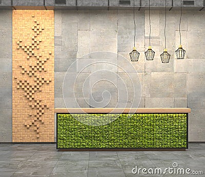 Interior with a reception desk with moss in the loft style. Decorative panels on the wall of the square wooden bars. 3d visualiza Stock Photo