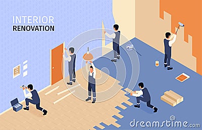 Interior Renovation Isometric Background Cartoon Illustration