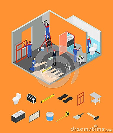 Interior Renovation Room or House and Parts Isometric View. Vector Vector Illustration