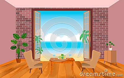 Interior of resort hotel room with armchairs, table and outlet to the sea. Vector Illustration