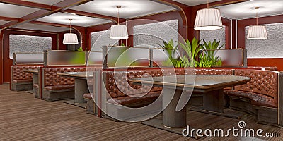 Interior of the restaurant, cafe. Leather sofas, wooden tables. Cartoon Illustration