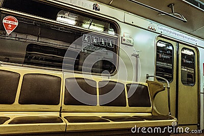 Interior retro metro train, inside view. Train on the way. Editorial Stock Photo