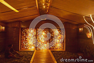 Interior of a rock salt sauna with lights and a variety of gemstones in a resort in Vietnam Editorial Stock Photo