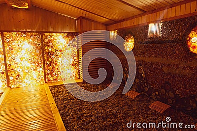 Interior of a rock salt sauna with lights and a variety of gemstones in a resort in Vietnam Editorial Stock Photo