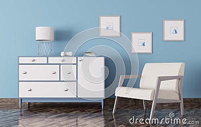 Interior of a room with chest of drawers and armchair 3d render Stock Photo