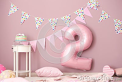 Interior of room decorated for second birthday party Stock Photo
