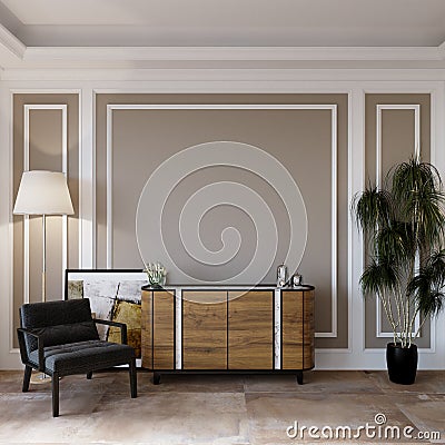 Interior room design with black armchair and wooden dresser empty wall mockup Stock Photo