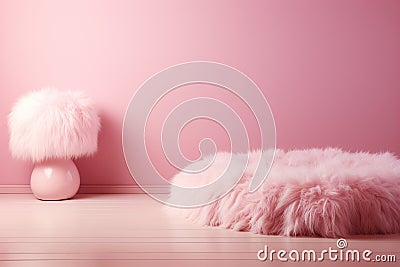 The interior of the room is pink with fluffy furniture. Children's, women's interior. Generated by artificial Stock Photo