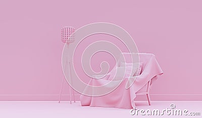 Interior of the room in plain monochrome light pink color with cover sofa and room accessories. Light background with copy space. Stock Photo