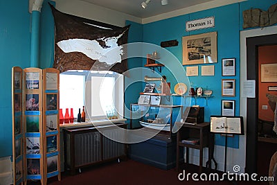Interior room with Shipbuilding photographs and other items, Oswego Maritime Museum, New York, 2016 Editorial Stock Photo