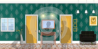 Interior of the room with a table, window, stool and an entrance door. Illustration of the room. Vector Illustration