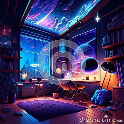 Interior of the room with a view of the planet. Vector illustration AI generated Cartoon Illustration