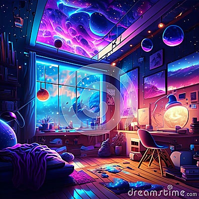 Interior of the room with a view of the planet. Vector illustration generative AI Cartoon Illustration