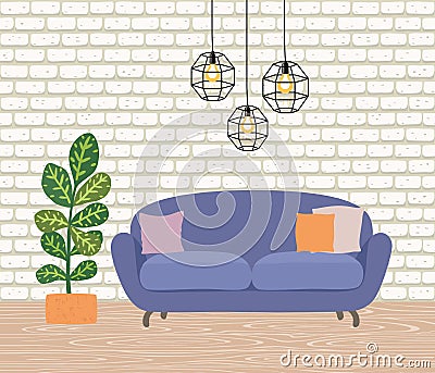 The interior of the room with a yellow sofa, lamps and a houseplant. Wooden floor and wall Vector Illustration