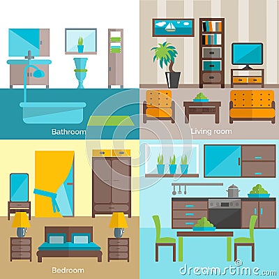 Interior rooms furnishing 4 flat icons Vector Illustration