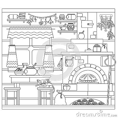 Interior of russian village house with Russian stove. Traditional farm house kitchen. Vector outline coloring Stock Photo