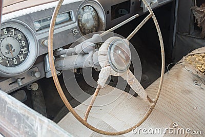 Interior, rusted out old car Stock Photo