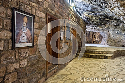 Interior of Saint Elisha Deir Mar Lichaa historic maronite monastery built in rocks, Qadisha valley, Qannoubine, Lebanon Editorial Stock Photo