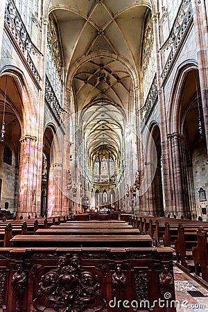 Interior of Saint Vitus Cathedral in Prague Editorial Stock Photo