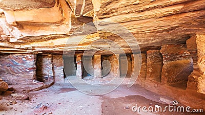 Interior of sandstone rock-cut tombs in Petra town Editorial Stock Photo