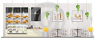 Interior scene of modern bakery shop with display counter , tables and chairs Vector Illustration