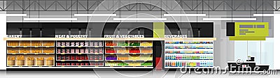 Interior scene of modern supermarket with products and cashier counter Vector Illustration