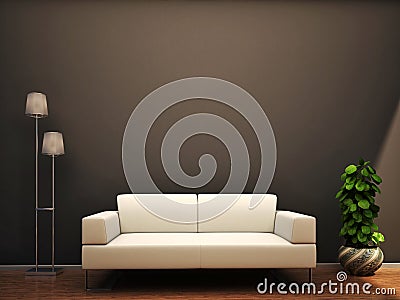 Interior scene sofa lamp flower wall Stock Photo