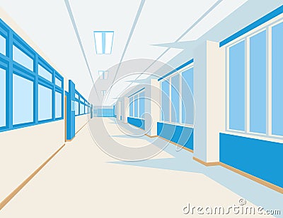 Interior of school hall in flat style. Vector illustration of university or college corridor with windows. Vector Illustration