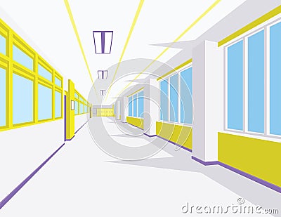 Interior of school hall in flat style. Vector illustration of university or college corridor with windows. Vector Illustration