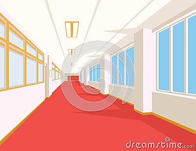 Interior of school hall with red floor, windows and columns. Vector Illustration