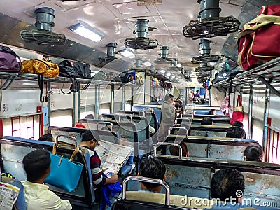 Interior of second class train car in Rajasthan, India Editorial Stock Photo