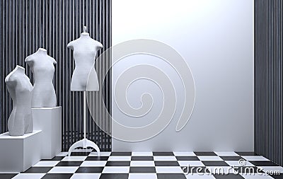 Interior of a sewing workshop or clothing store with a tailor mannequin. White wall showcase with copy space. The room of a Stock Photo