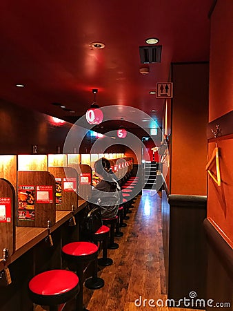 Interior shot of Ichiran Ramen. Ichiran is a Japanese ramen food-service business specializing in tonkotsu ramen Editorial Stock Photo