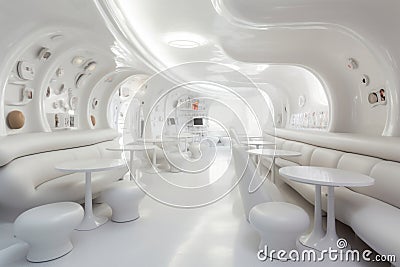 An interior shot of the iconic white bar with eccentric furniture, walls adorned with art, and customers in futuristic attire. Stock Photo