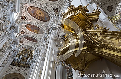 Interior shot of St. Stephan's Cathedral including organ. It is the largest cathedral organ in Editorial Stock Photo