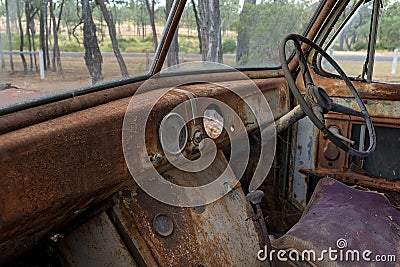 Interior Of Rusted Truck Wreck Stock Photo