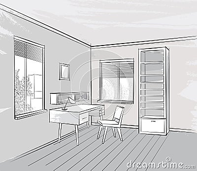 Interior sketch Retro working place furniture. Living room view Stock Photo