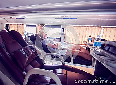 Interior of sleeper bus for tourists and other passengers Stock Photo