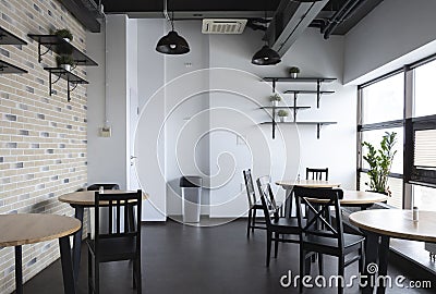 Interior of a small cozy cafe or a working dining room without people Stock Photo