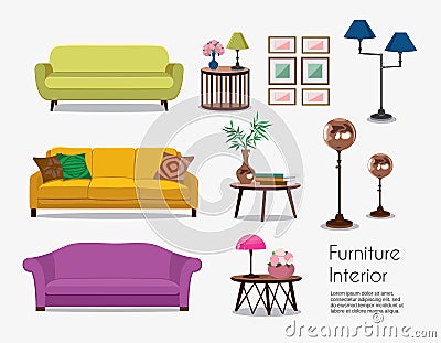 Interior. Sofa sets and home accessories Vector Illustration